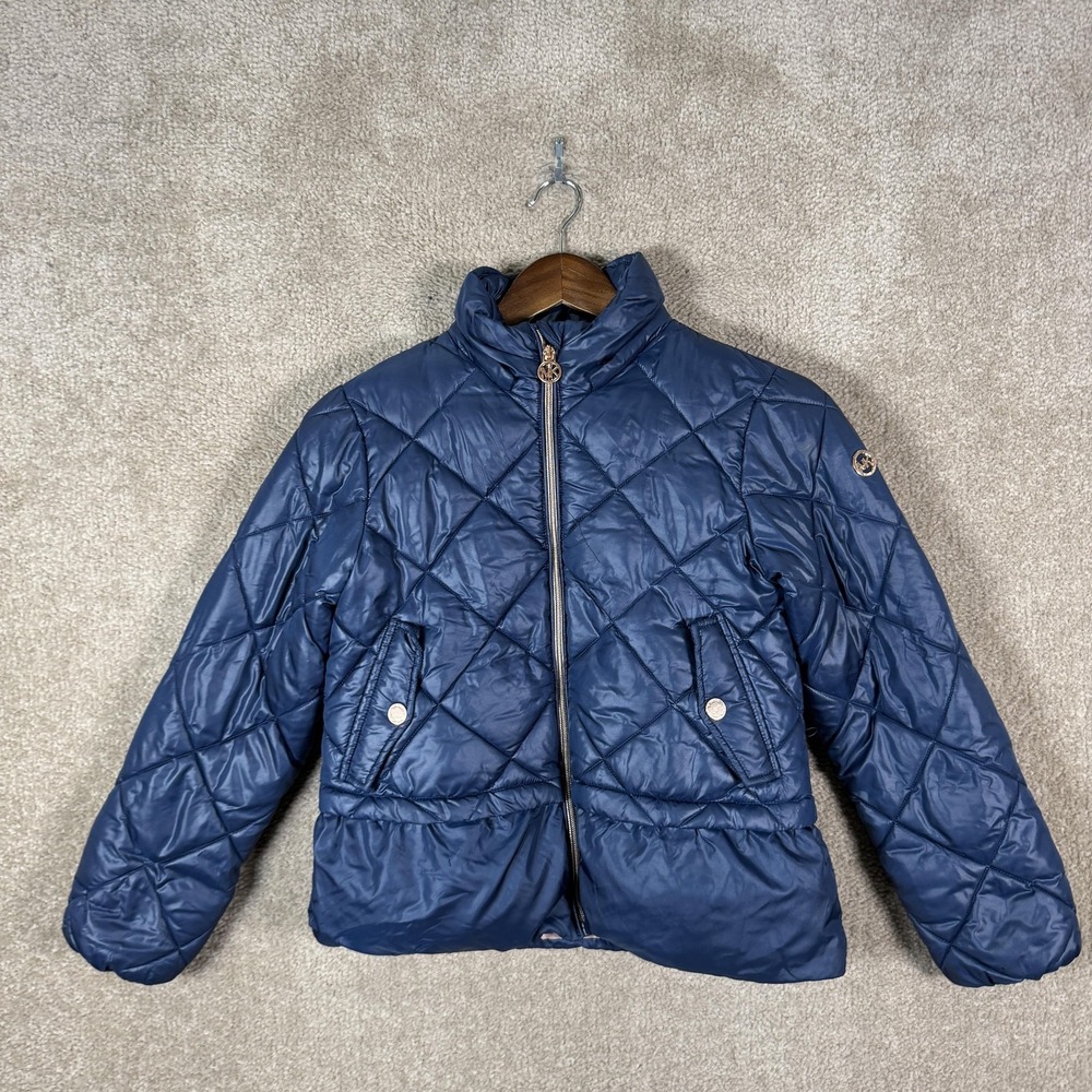 Michael Kors Jacket Girls 10/12 Blue Quilted Puffer Zip Front Logo Winter